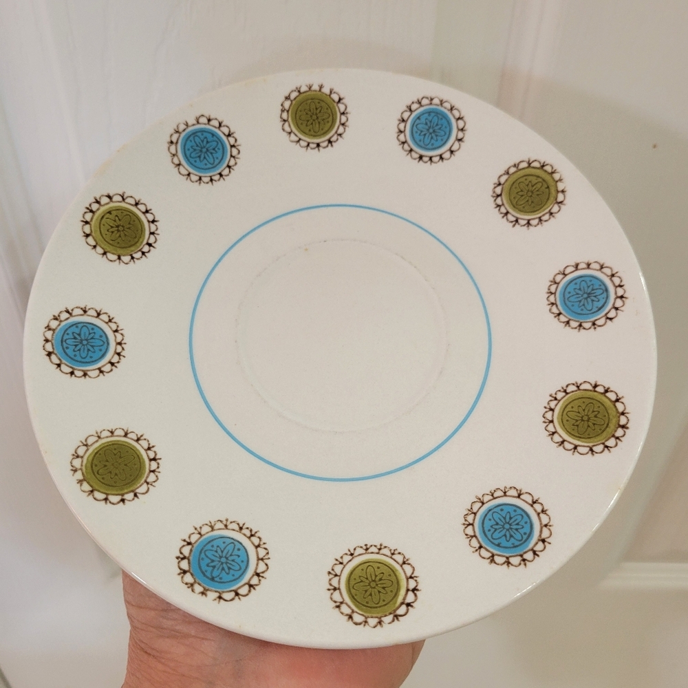 Mikasa Focus-Shape Zombie Saucers (2) Pattern #2028-8? Japan Green Blue Flowers